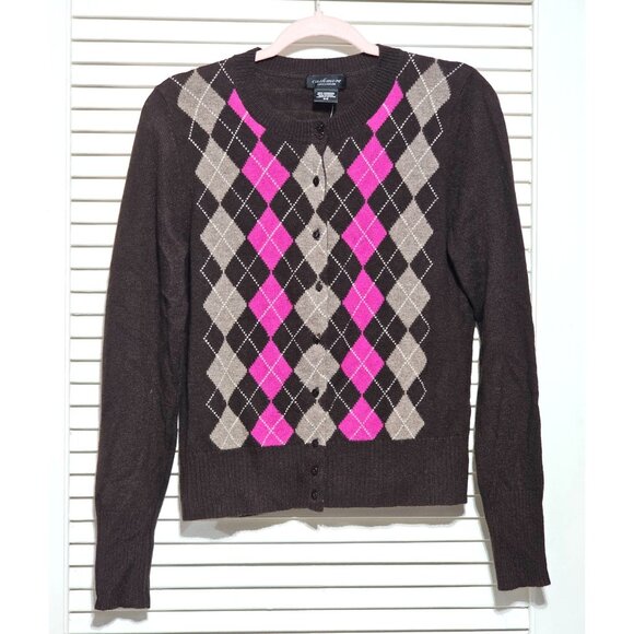 NWT Cashmere by Lord & Taylor Brown/pink Argyle button front Cardigan Sz M 2892 - Picture 8 of 10